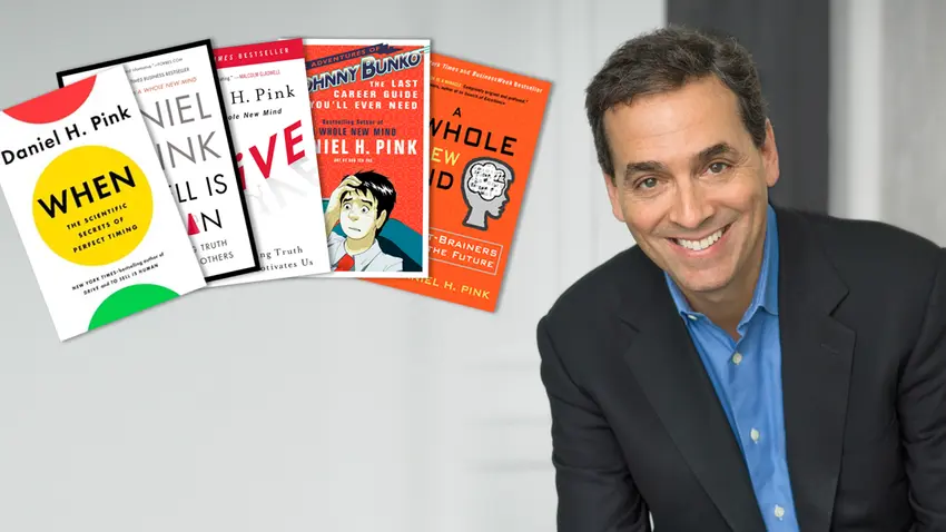 Photo illustration of author Daniel Pink and his book covers