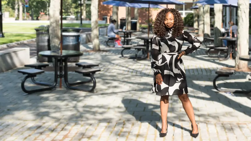 Bentley 2000 graduate Gilda Hilaire pictured on a recent return to campus