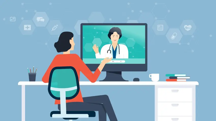 Illustration of female patient connecting with a female clinician via computer