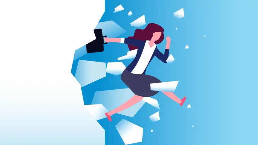 Illustration of a woman running through a wall 