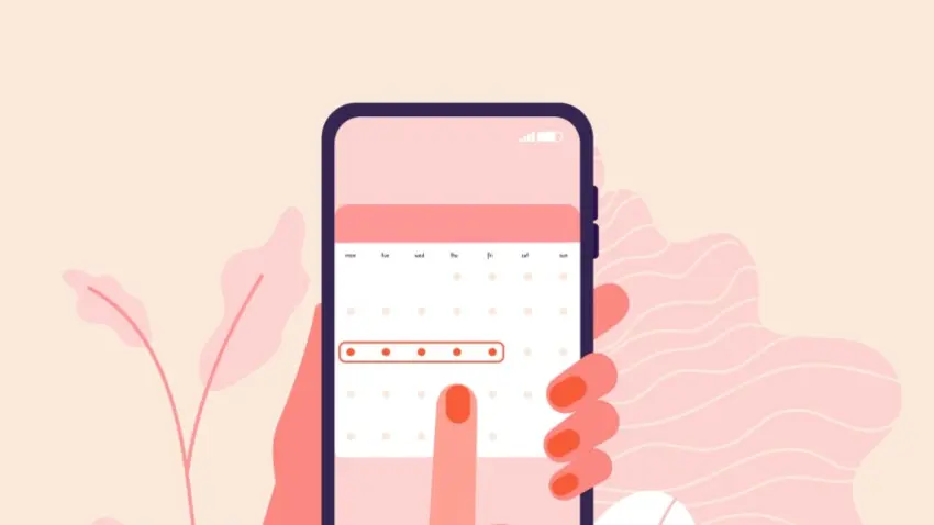 Illustration of a woman's hands holding a smartphone and entering data into a menstrual tracking app.