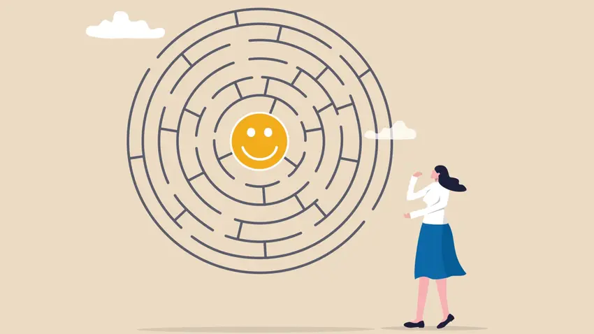 Illustration of a  woman standing before a circular maze with a happy face in its center