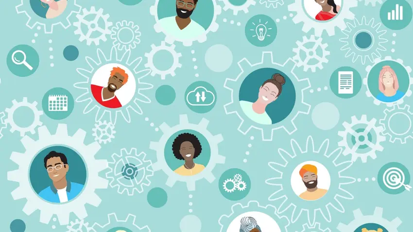 Illustration of dozens of cogs featuring smiling faces of diverse individuals