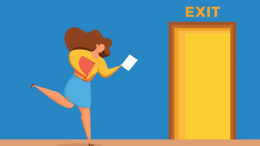 Illustration of female employee running toward door marked "Exit."