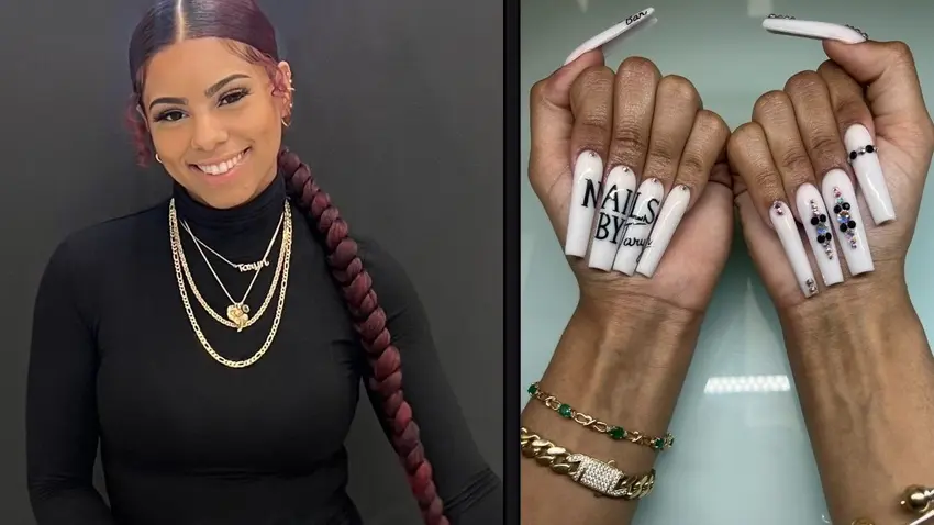 Taryn Bennett wearing black shirt and gold necklaces next to folded hands showing acrylic fingernails