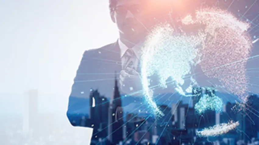 man and world overlayed in front of city scape