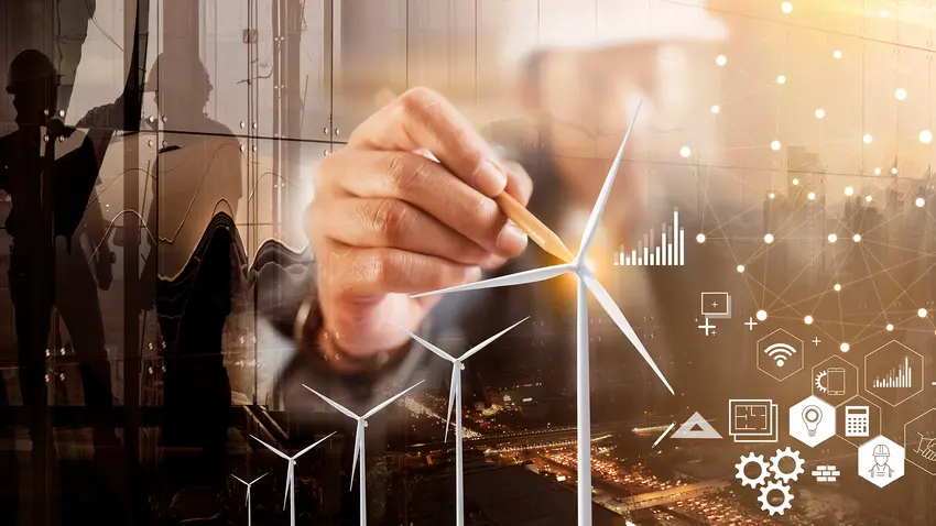 Sustainability graphic with someone drawing a windmill