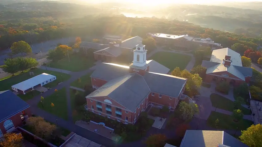 a view of the Bentley campus from above