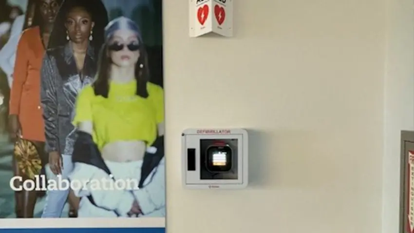An image of an AED located at the student center