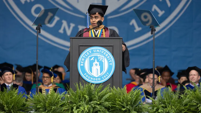 Sanay Jhaveri delivers the undergraduate student address from the podium