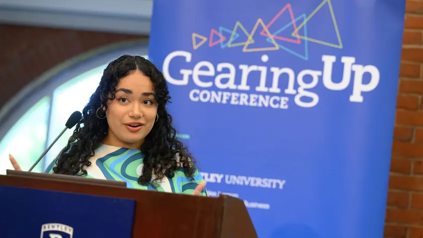 Bentley University student Kary De Jesus speaks at the Gearing Up Conference hosted by the Center for Women and Business at Bentley