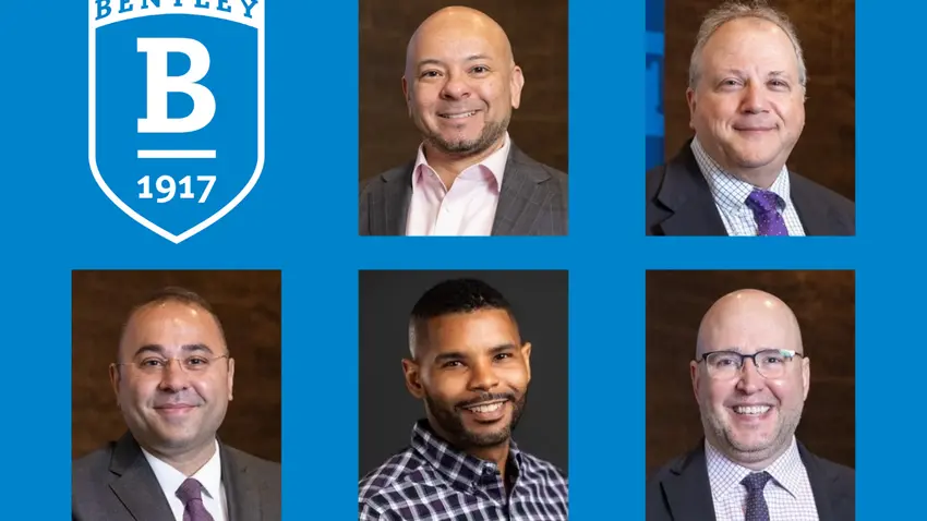 Photo collage featuring headshots of the five inaugural faculty fellows alongside a white Bentley shield logo on a blue background 