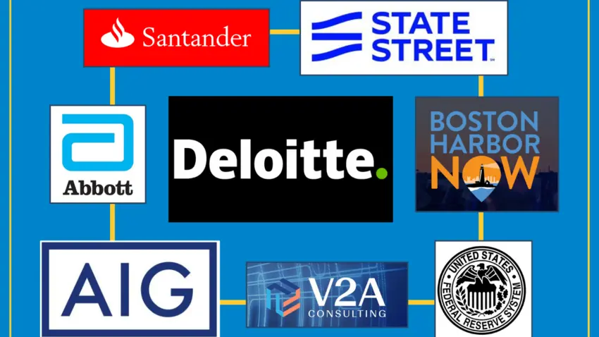 Photo illustration featuring corporate logos from the 8 organizations featured in this story: Santander, State Street, Abbott, Deloitte, Boston Harbor Now, AIG, V2A Consulting and the U.S. Federal Reserve System.