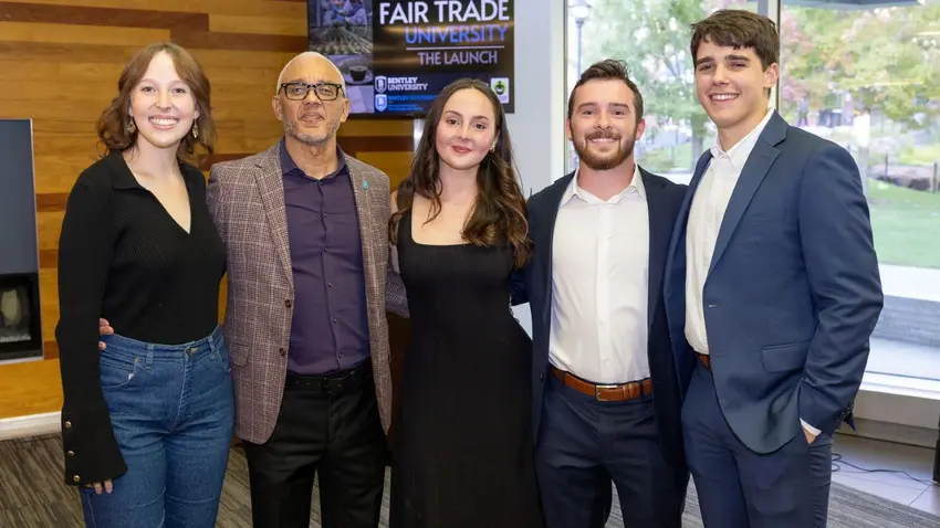 Bentley students Caroline Bushnell ’25, Cassie Dubitsky ’24, Luke Andris ’25 and Trevor Hodgson ’25 with President E. LaBrent Chrite at the Fair Trade University certification launch event