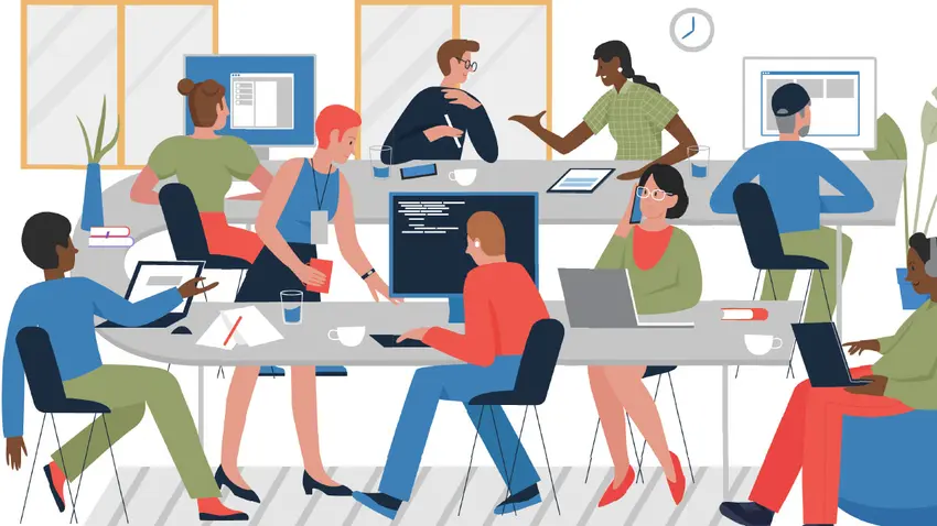 an illustration of people conversing around a table