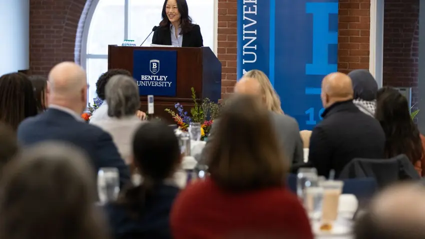 Yun Song ’25 speaking at the Bentley MLK social justice program