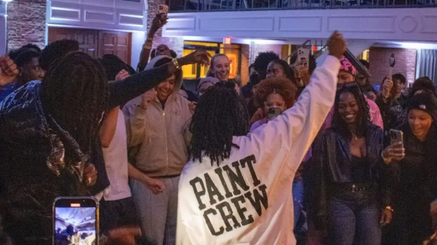 Wolfacejoeyy interacts with the crowd at Bentley's Black History Month concert