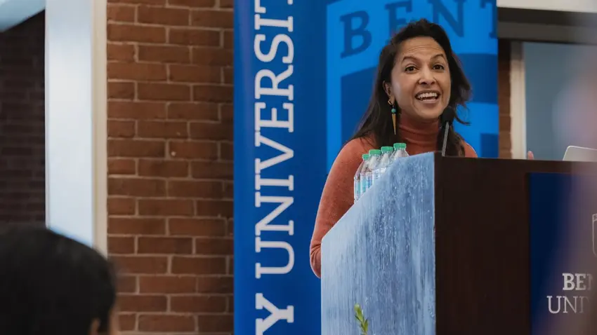 Emmy-nominated filmmaker Shalini Kantayyar speaking at Bentley University’s annual MLK social justice event