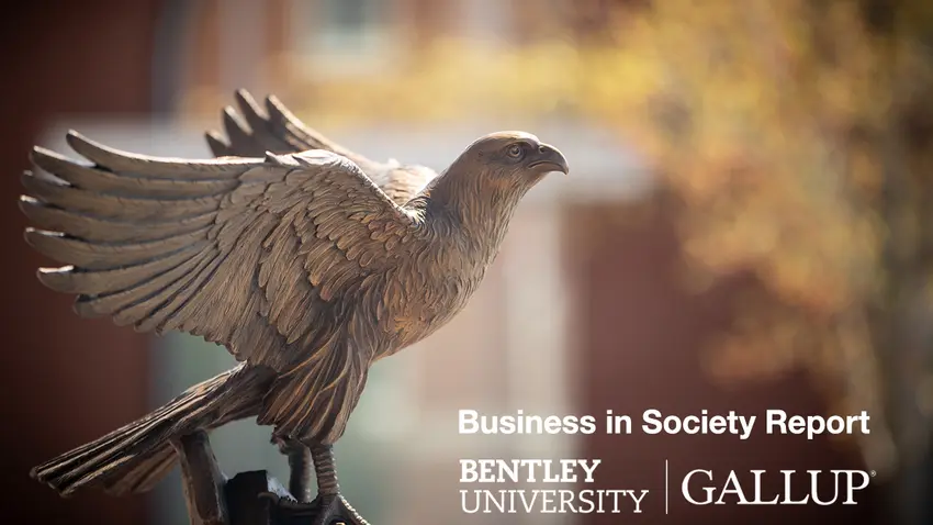 Background image of Bentley's falcon statue with the words Business in Society Report, Bentley University and Gallup in white