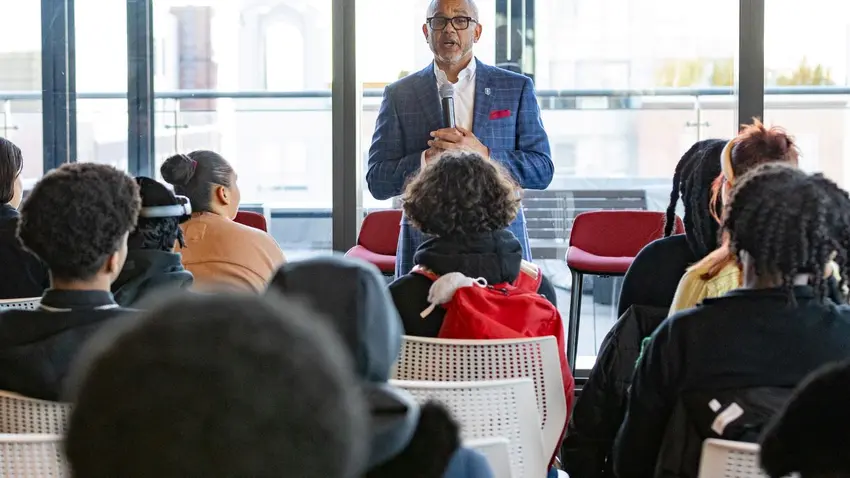 Bentley President E. LaBrent Chrite speaks to students at Celtics Career Day