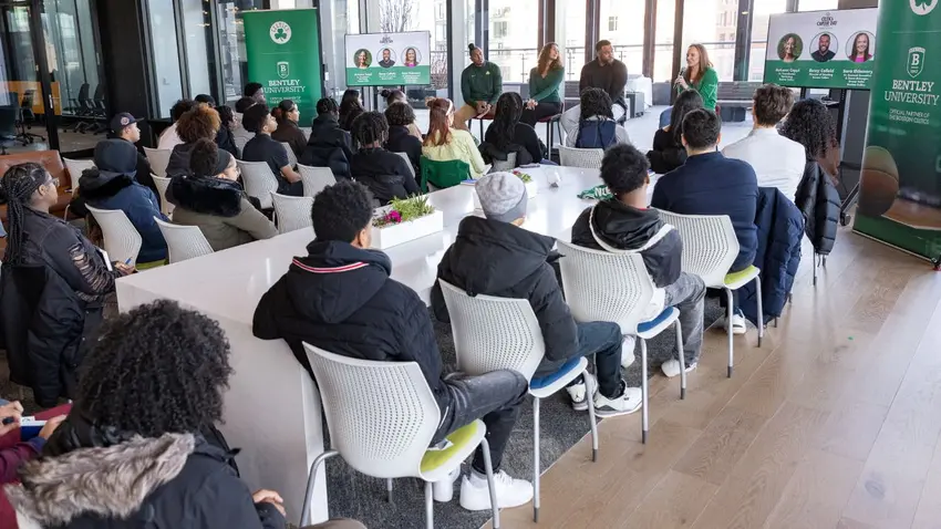 A panel of Celtic front office staff presents to students at Celtics Career Day presented by Bentley University