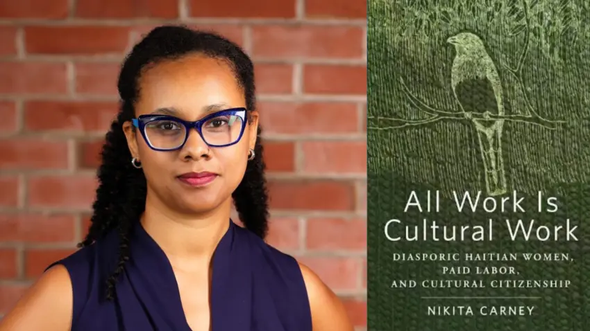 Photo composite featuring headshot of Sociology professor Nikita Carney (left) and the cover of her new book.