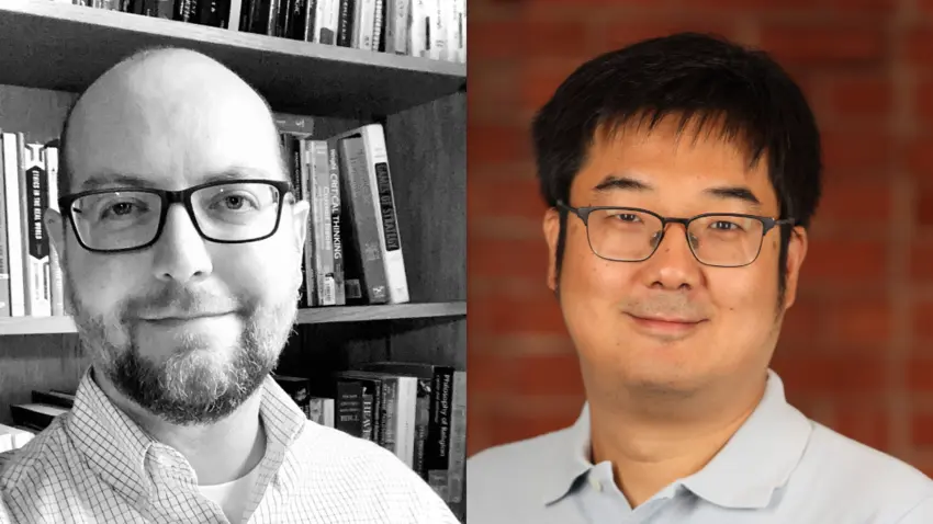 Composite photo featuring headshots of Philosophy professors Stephen Campbell (left) and Pengbo Liu (right)