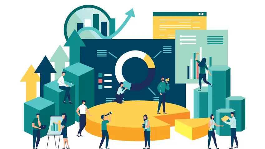 Graphic illustration of people, charts and graphs