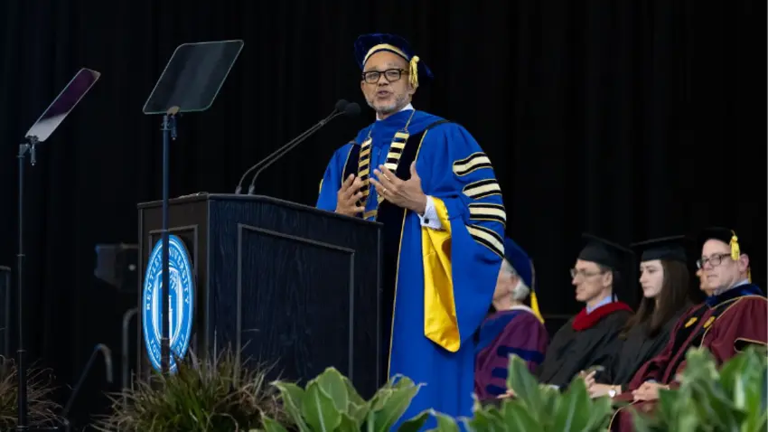 Bentley President E. LaBrent Chrite addresses the Class of 2029 during Convocation