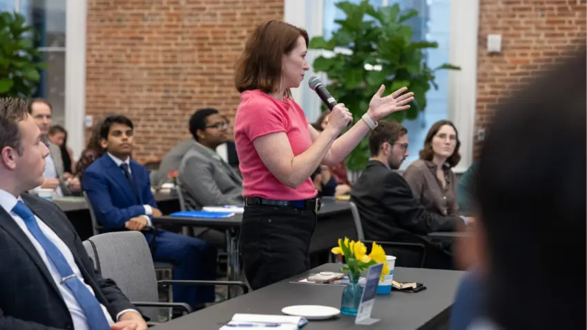 Attendee asks a question during the Bentley-Gallup Event in Washington, DC