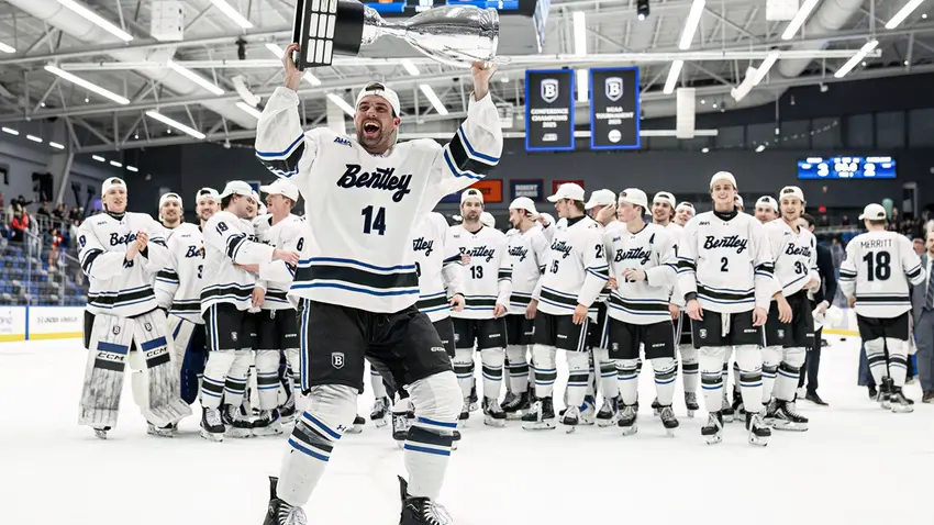 Bentley University hockey team celebrates Atlantic Hockey championship