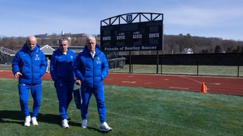 Didier Deschamps, manager of the French national football team, along with additional team staff members, tour the Bentley field