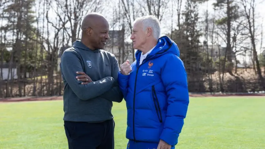 Didier Deschamps, manager of the French national football team, and Bentley Director of Athletics Vaughn Williams