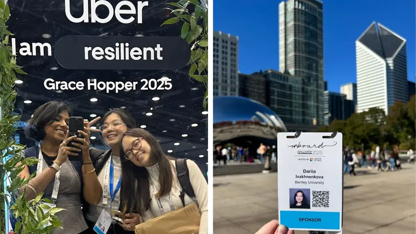 Bentley students at the Grace Hopper Tech Conference for Women and a student holding conference badge against Chicago skyline