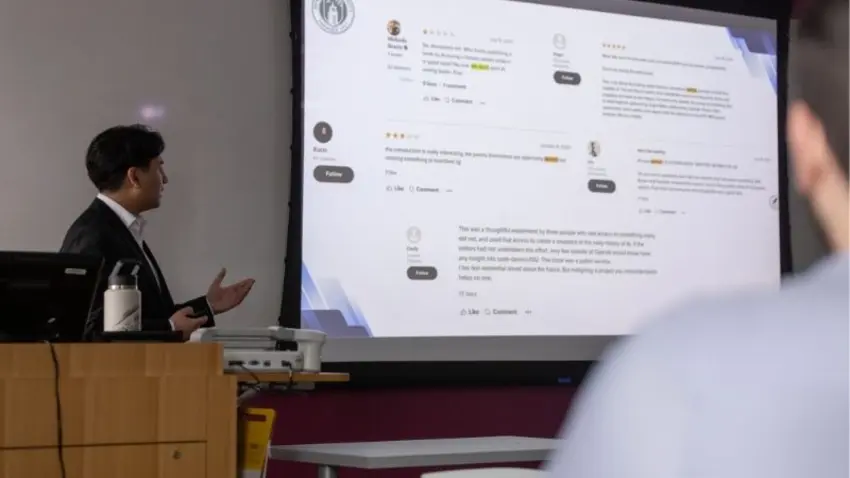 Bentley student Mario Rueda presents research at undergraduate research day