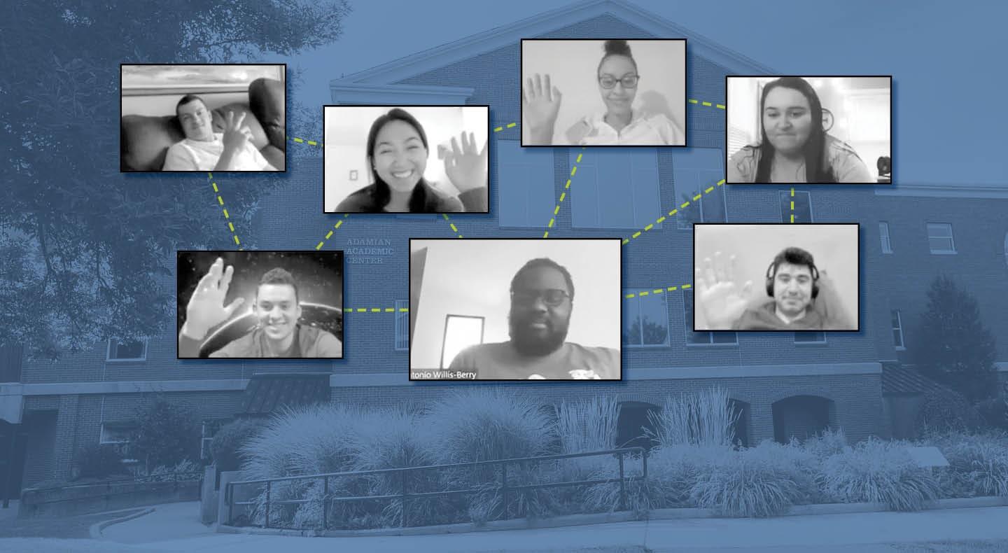 Illustration of Bentley staffer and students connecting over Zoom