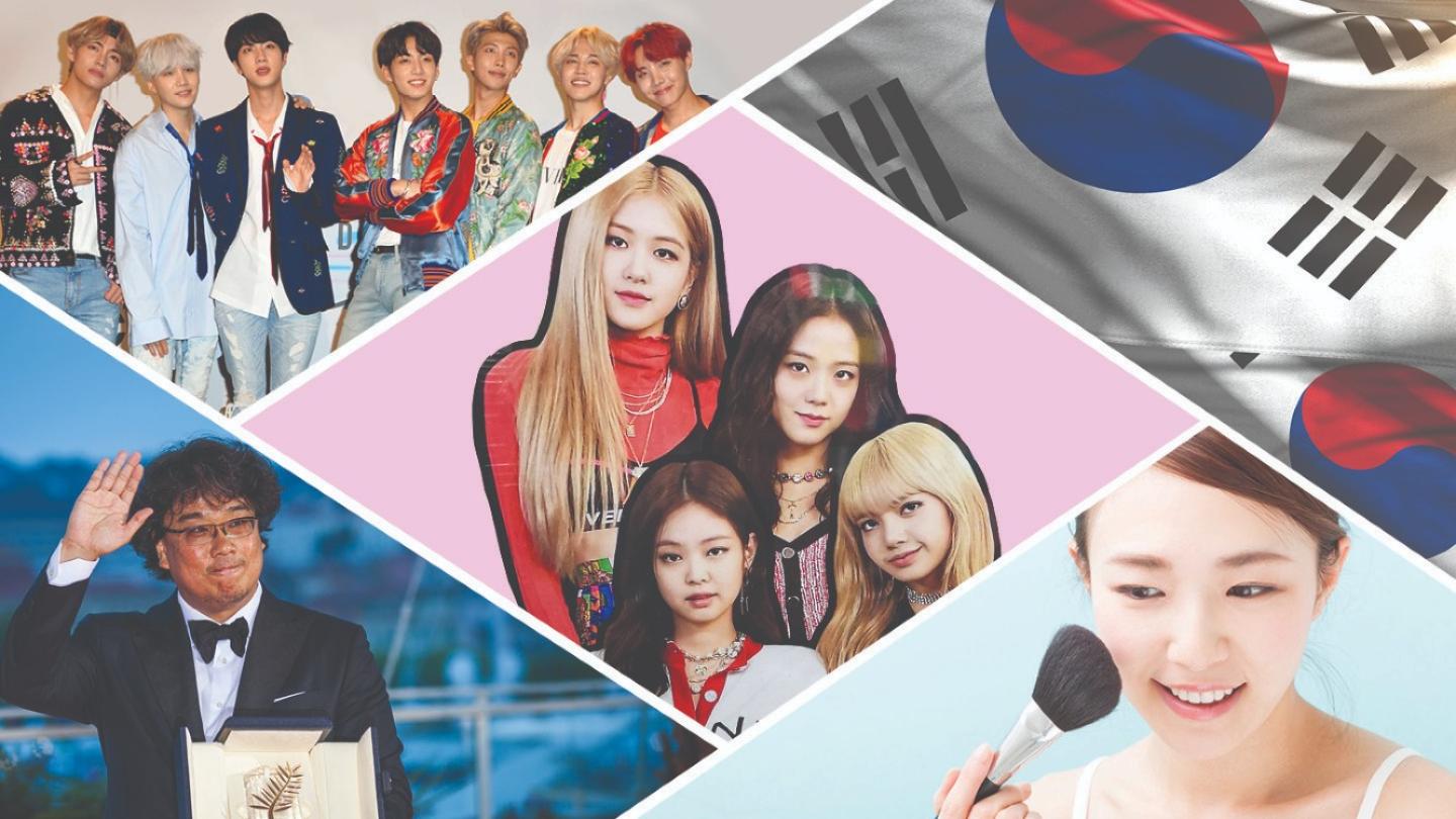 Composite image of K-pop bands BTS and Blackpink; Parasite director Bong Joon-ho, K-beauty products and the South Korean flag