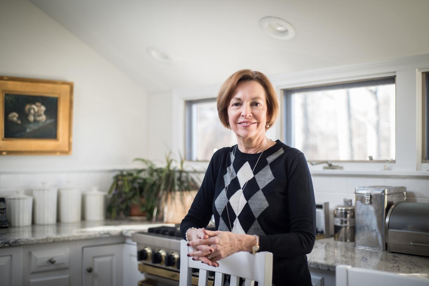 Former Bentley University President Gloria Larson at home in her kitchen