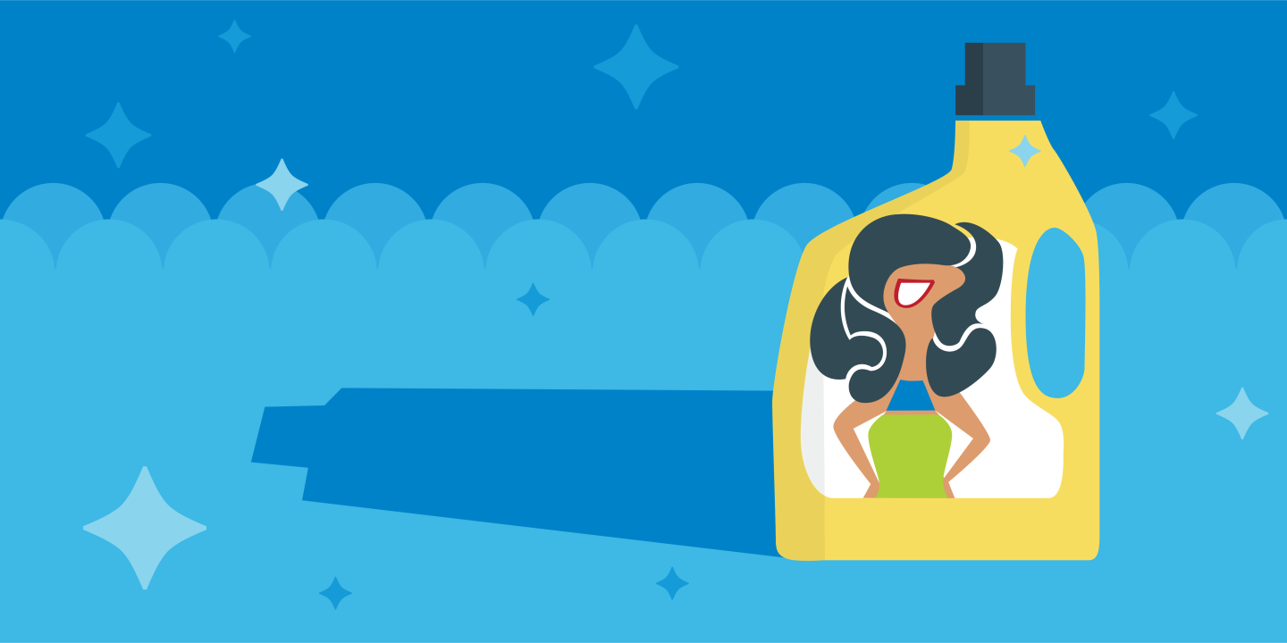 Illustration of detergent bottle with female brand mascot