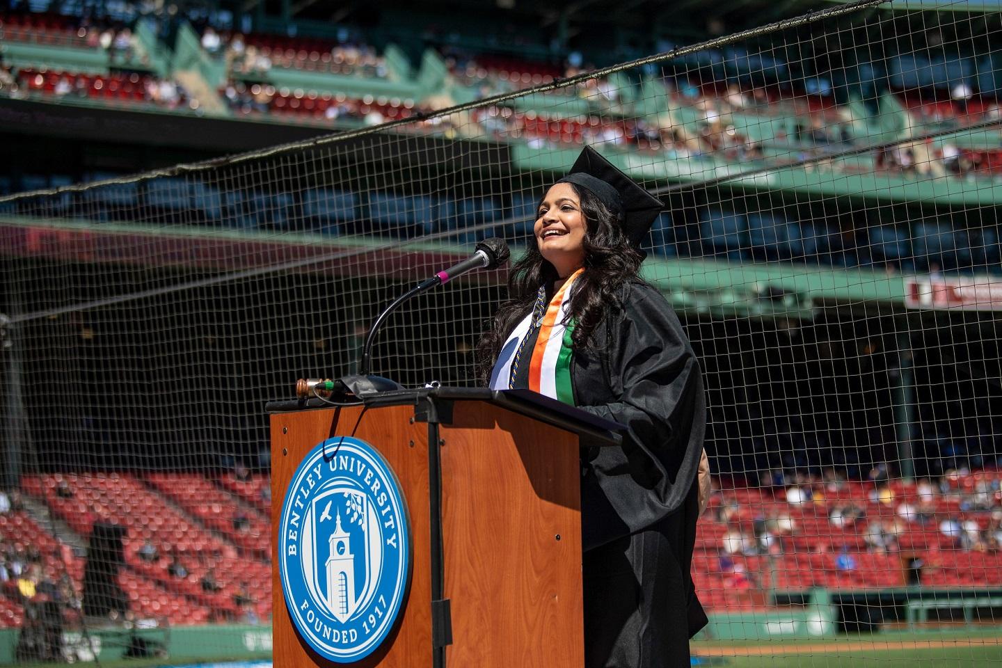 Bentley University student Suchithra at commencement