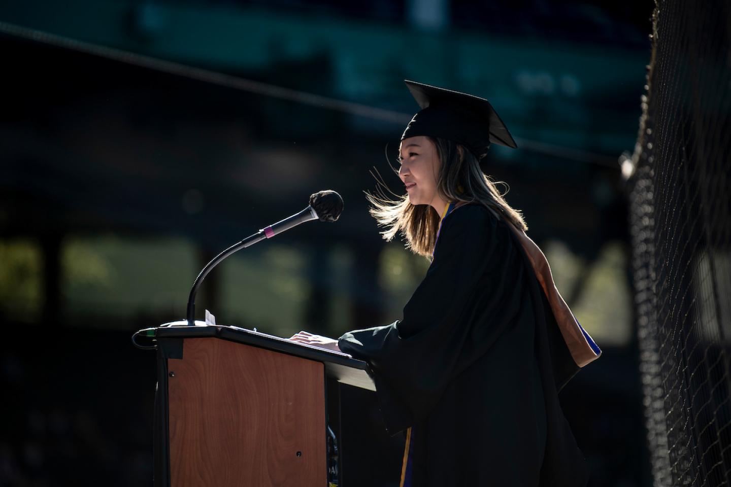 Jinny Choi speaks to her 2020 Classmates at Fenway Park