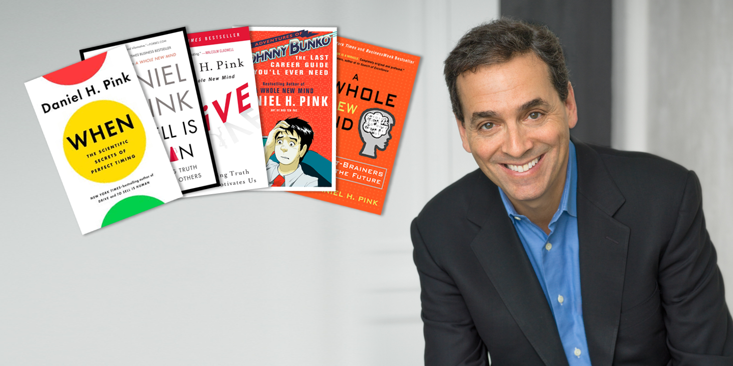 Photo illustration of author Daniel Pink and his book covers