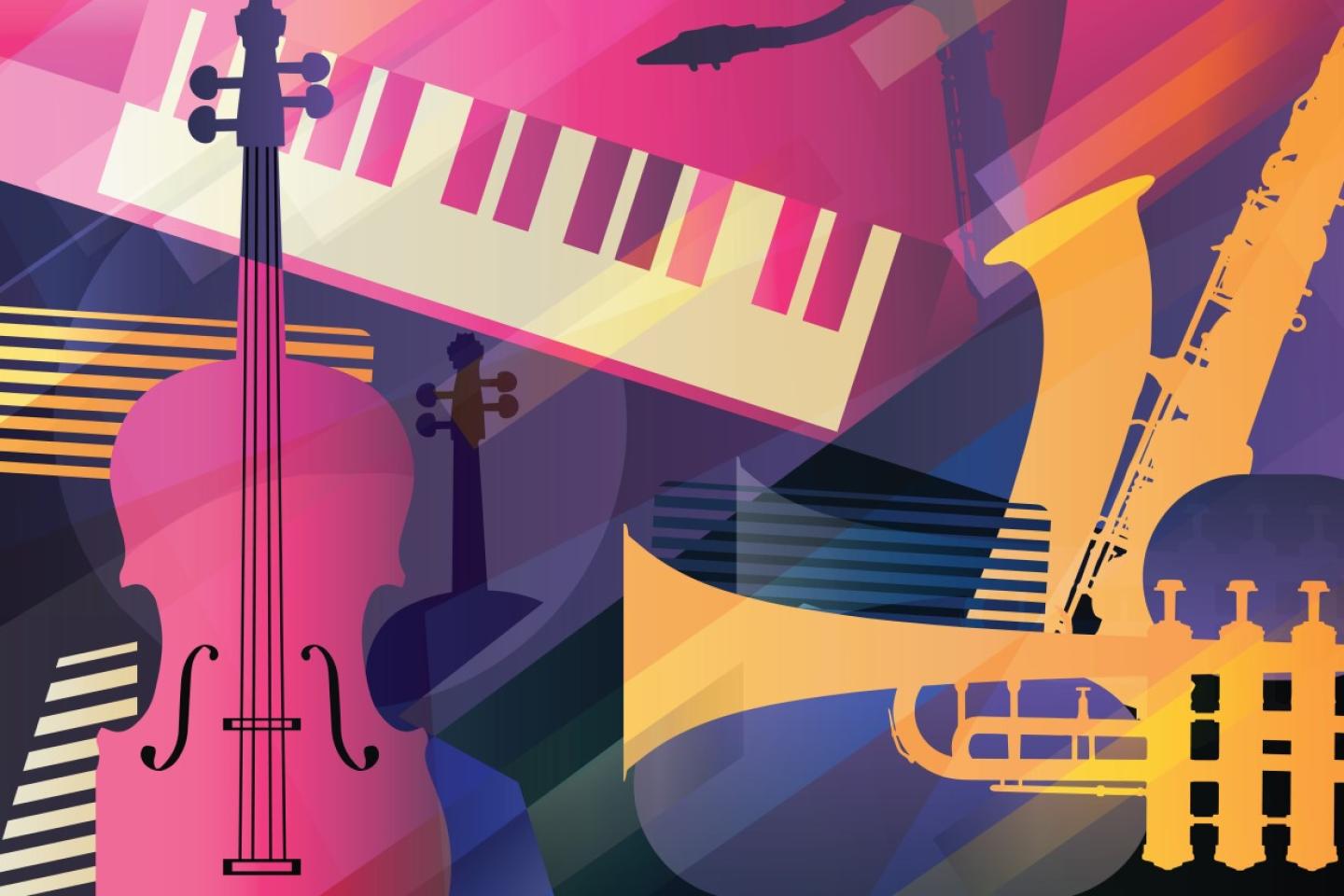 Illustration of brightly colored musical instruments, including a saxophone, cello, trumpet and keyboard