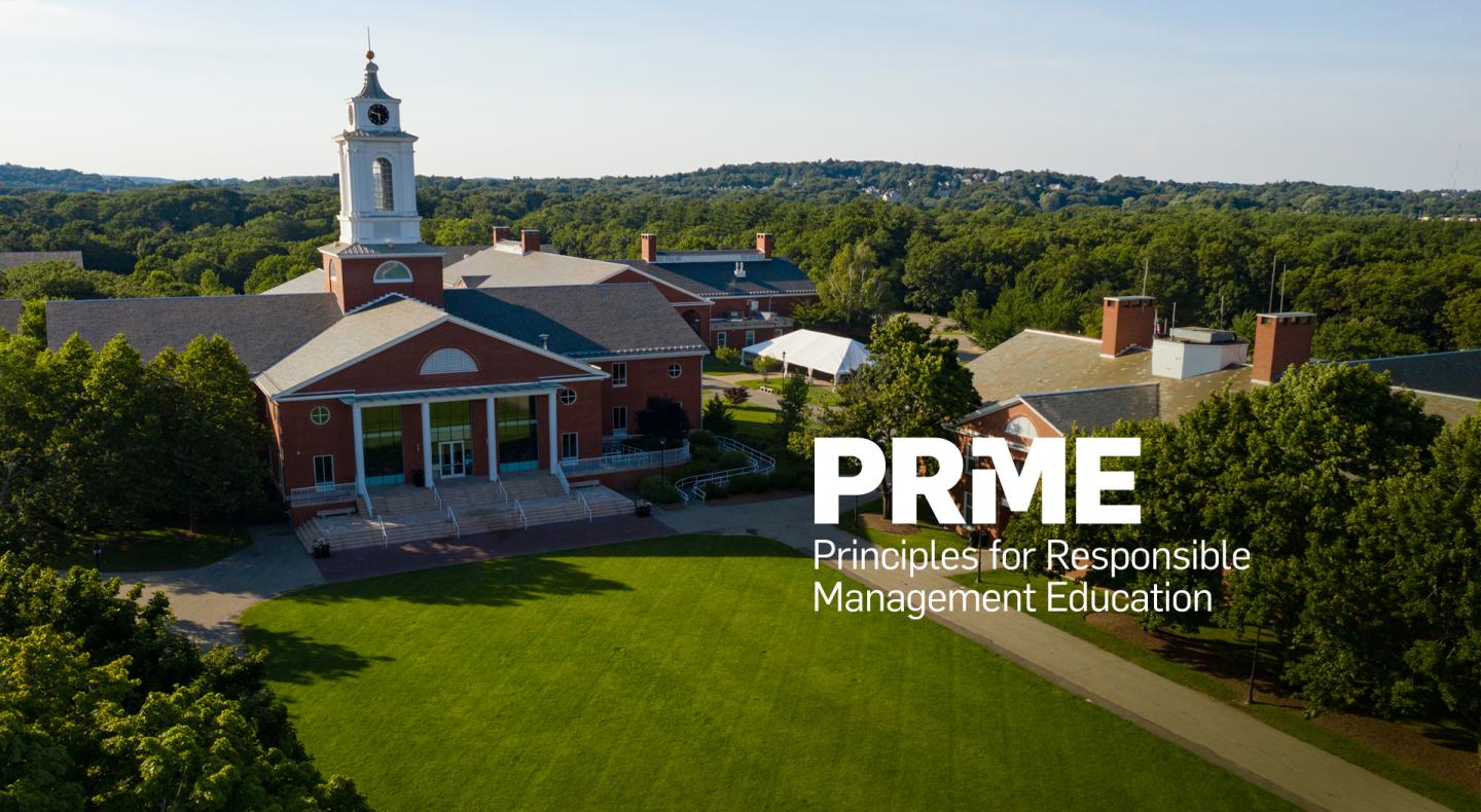 Photo of the Bentley University campus, featuring the iconic library and clock tower, with the PRME (Principles for Responsible Management Education) logo.