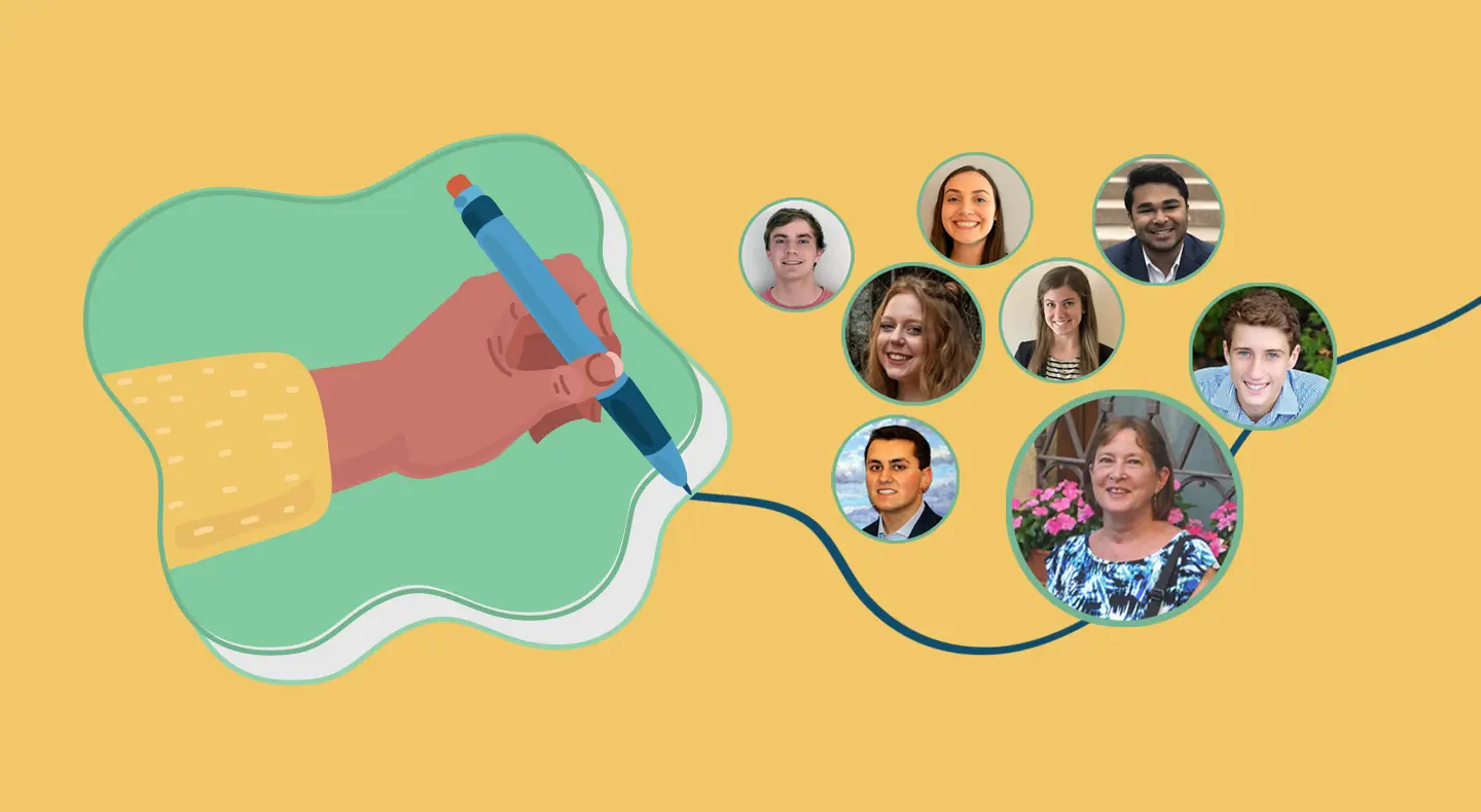 Photo illustration of Adjunct Assistant Professor Joan Atlas and 7 of the students in her grantwriting class. 