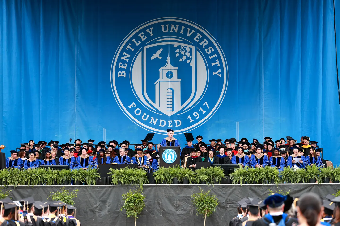 Commencement 2023 Stage Photo with Platform Party and Bentley logo