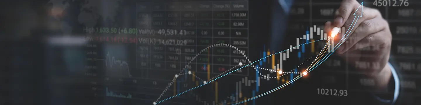 Stock market analysis, business, finance and investment. Finance analyst analyzing stock market trading graph, economic growth chart, planning and strategy, business investment with financial report
