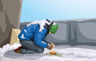 Illustration of homeless man kneeling in the snow in front of small fire, trying to keep warm