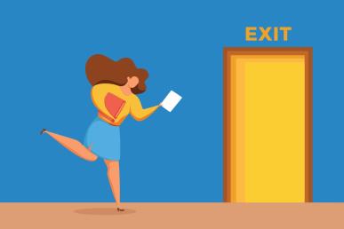 Illustration of female employee running toward door marked "Exit."