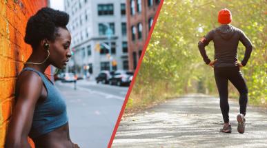 Photo illustration comprising two different pictures separated by a thick red diagonal line. On the left half, a young Black woman in a grey sports bra leans against a brick wall on an urban street; on the right, a person wearing running attire stands with their back to the camera on a wide path lined by green trees. 